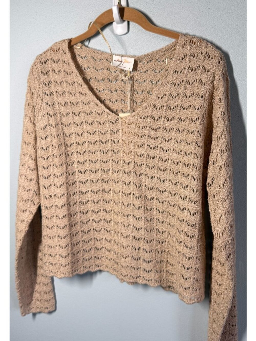 NWT Allie Rose Womens S Beige Open Knit Crochet Sweater V Neck Boho Cottagecore